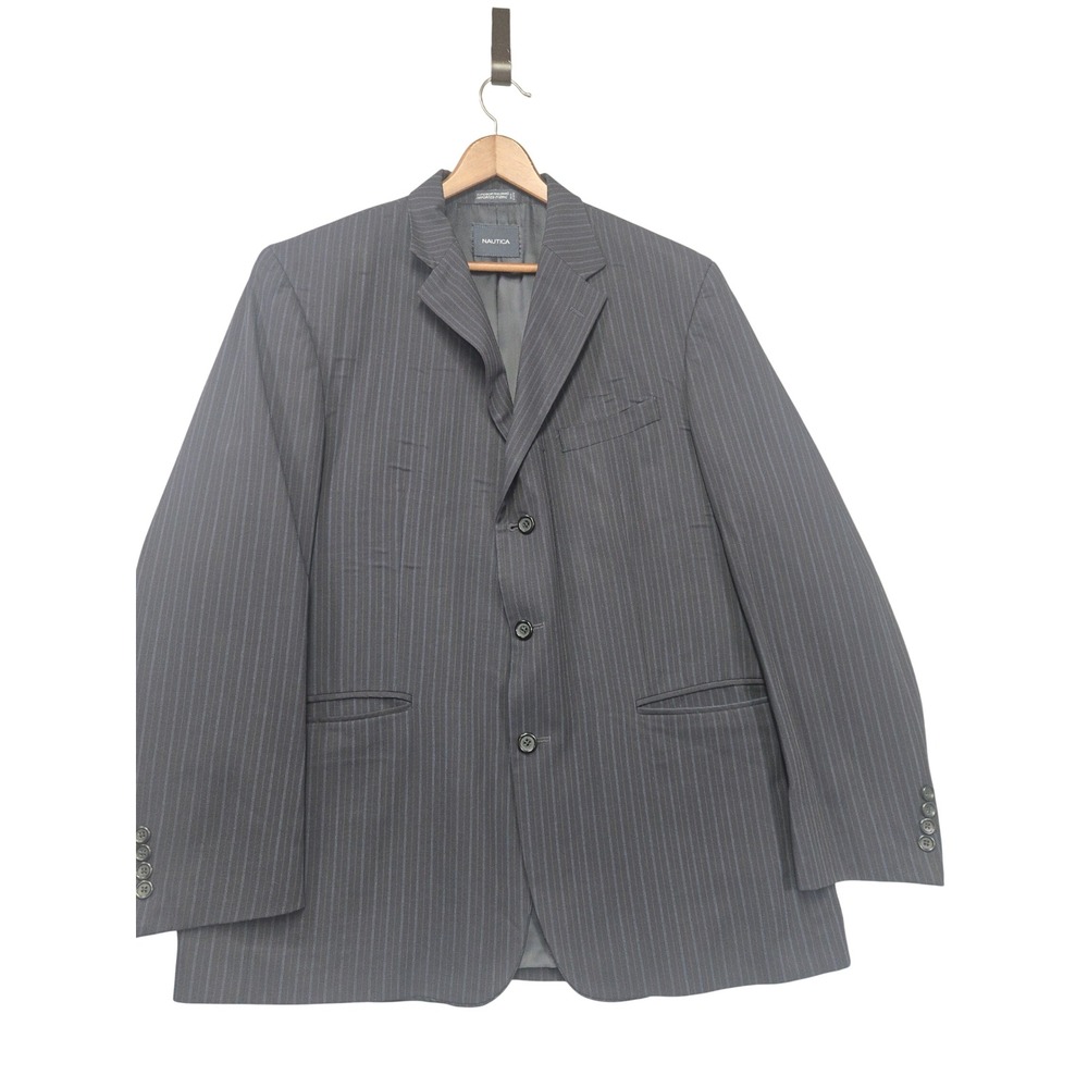 Nautica Mens 44R Wool Pinstripe Blazer 3 Button Sport Coat Grey Blue M722